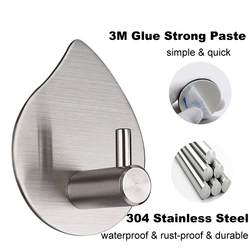 304 Stainless Steel Wall Hook for Bathroom and Kitchen, Self Adhesive Hooks for Towels, Robe Hanger, Shower Organizer