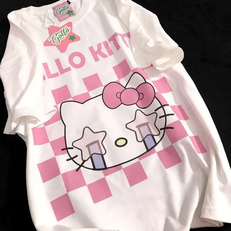 

Sanrio Large Size 300 Pounds New Summer Checkerboard Hello Kitty Color Matching Loose Couple Short-Sleeved T-Shirt Women's Trend