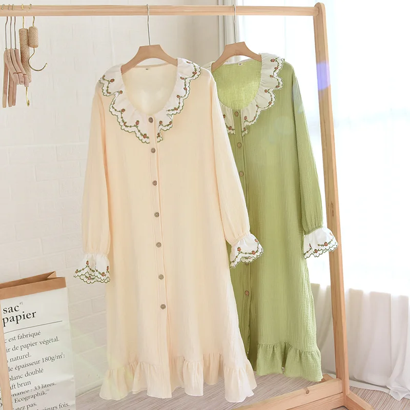 

Autumn New Long Sleeve Nightgown Cotton Crepe Women Night Dress Ladies Pajamas Lingerie Women'sNightie One Piece Sleepwear