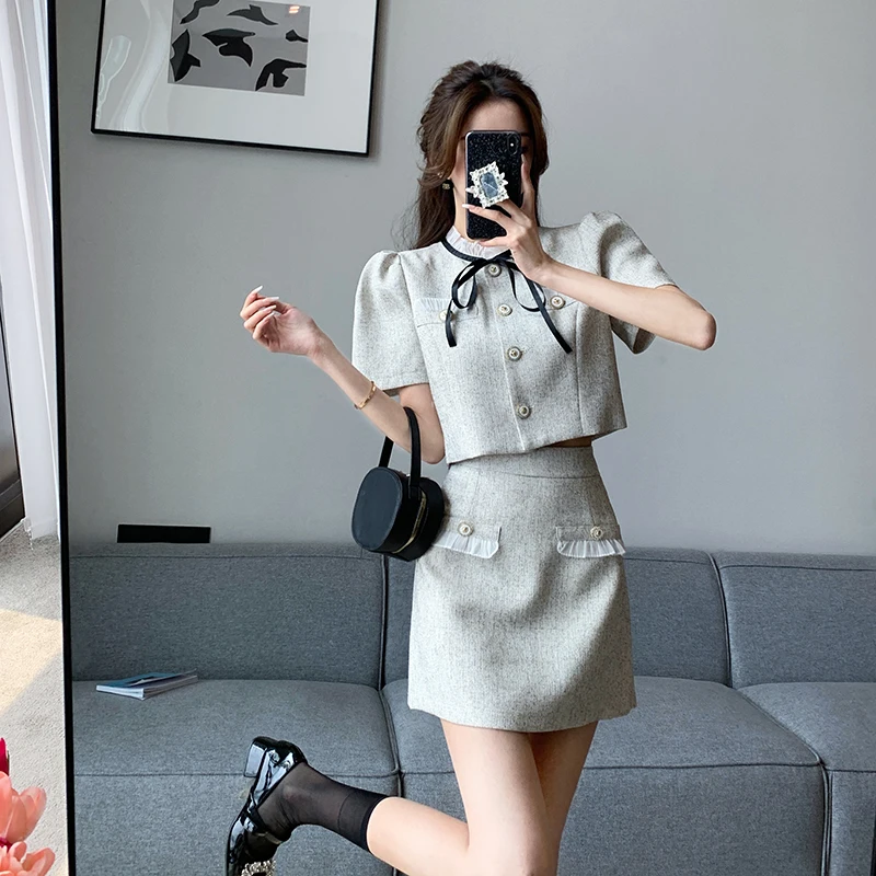 

2023 Summer Small Incense Wind Career Suit Female French Senior Sense of Slim Temperament Half-body Short Skirt Two-piece Female