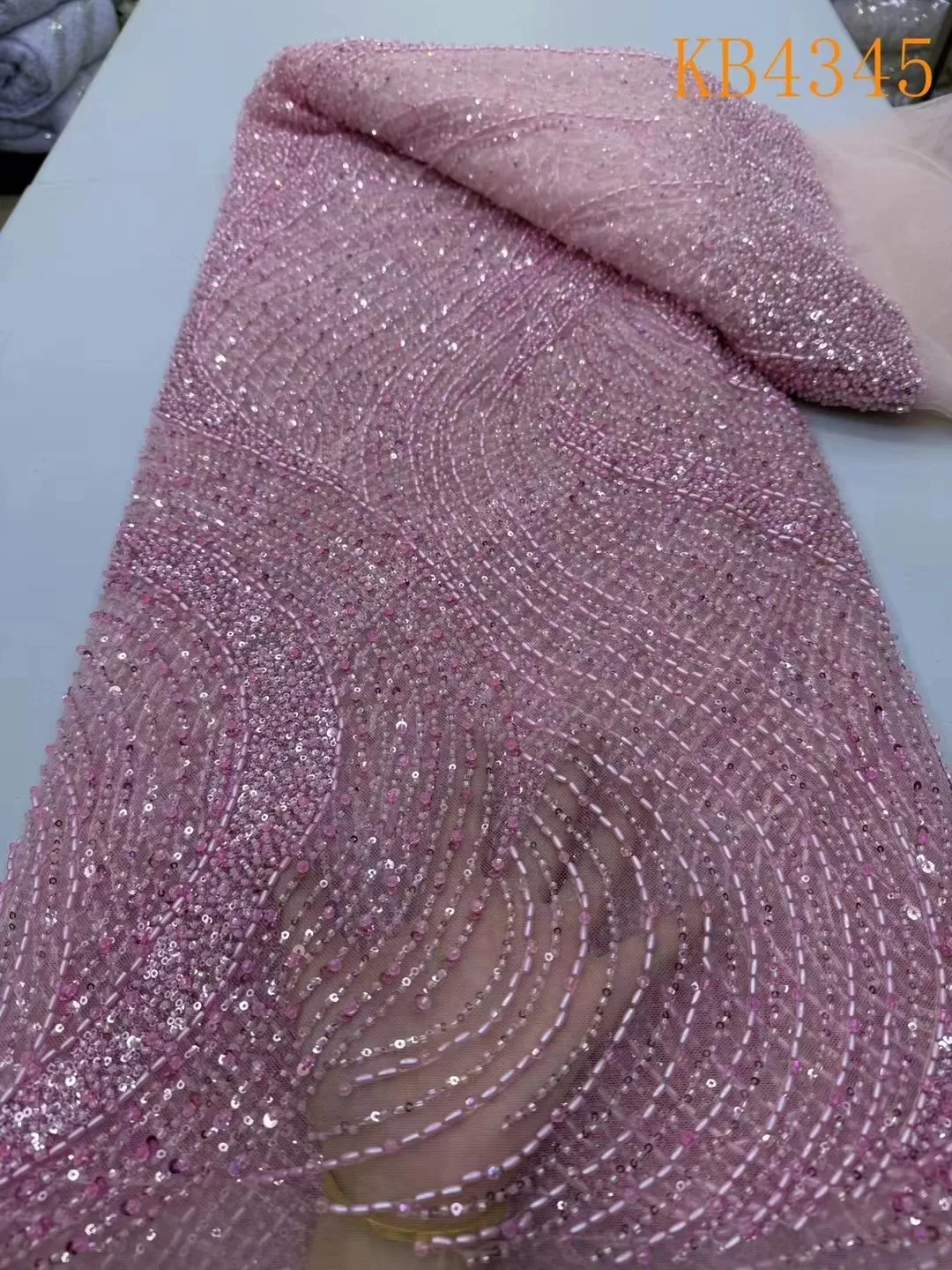 5 Yards Luxury African Sequins Lace Fabric 2024 High Quality Pink French Mesh Nigerian Beaded Lace Fabrics For Sewing KB4345