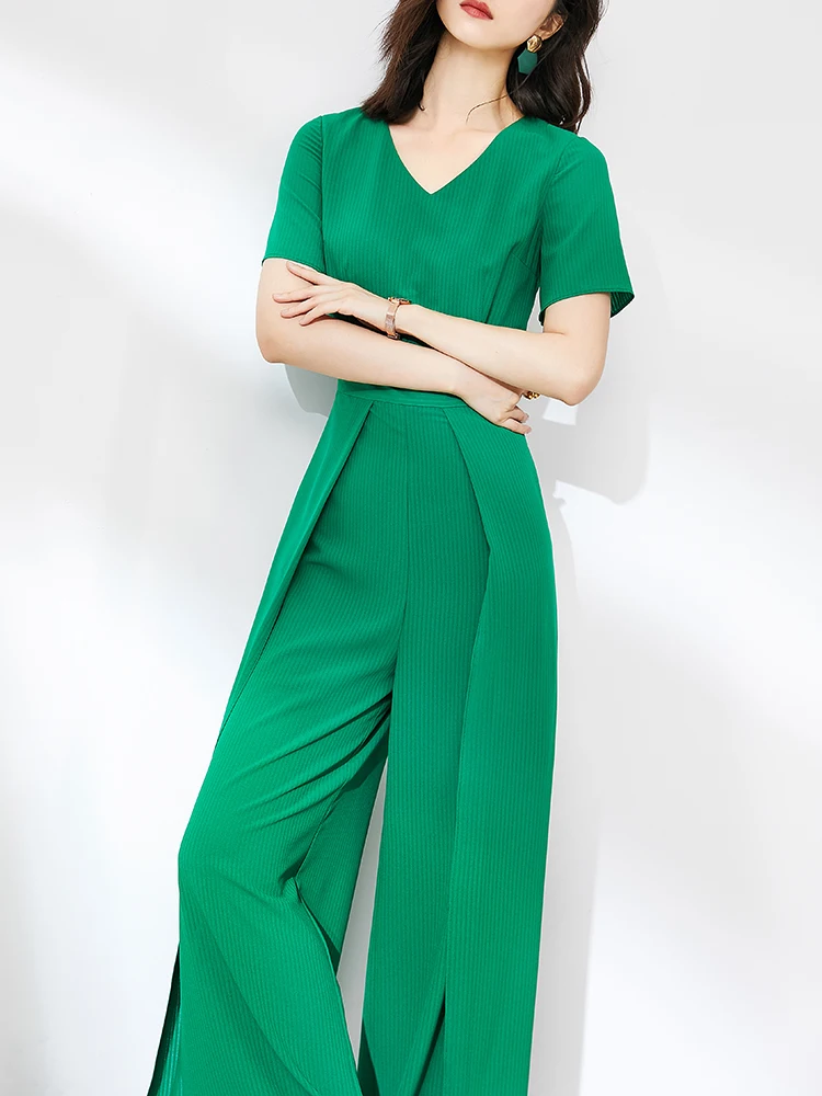 Quality Elegant Women\'s Long Jumpsuits for Girl Casual Fashion Wide Leg Pants Short Sleeves Green Vintage Ladis Party Rompers