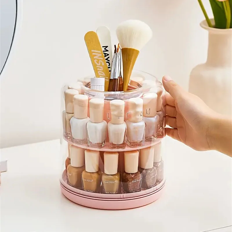 

360 ° Вращающаяся акриловая подставка для бутылки лака для ногтей, вращающаяся стойка, многофункциональные щетки для ногтей, органайзер для маникюрных инструментов, полка