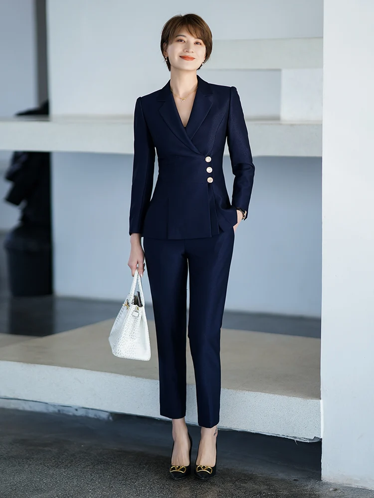 

Деловой женский костюм-двойка Jiang Feifei: пиджак и брюки, весна-осень, новинка, для собеседований, профессиональный, синий комплект