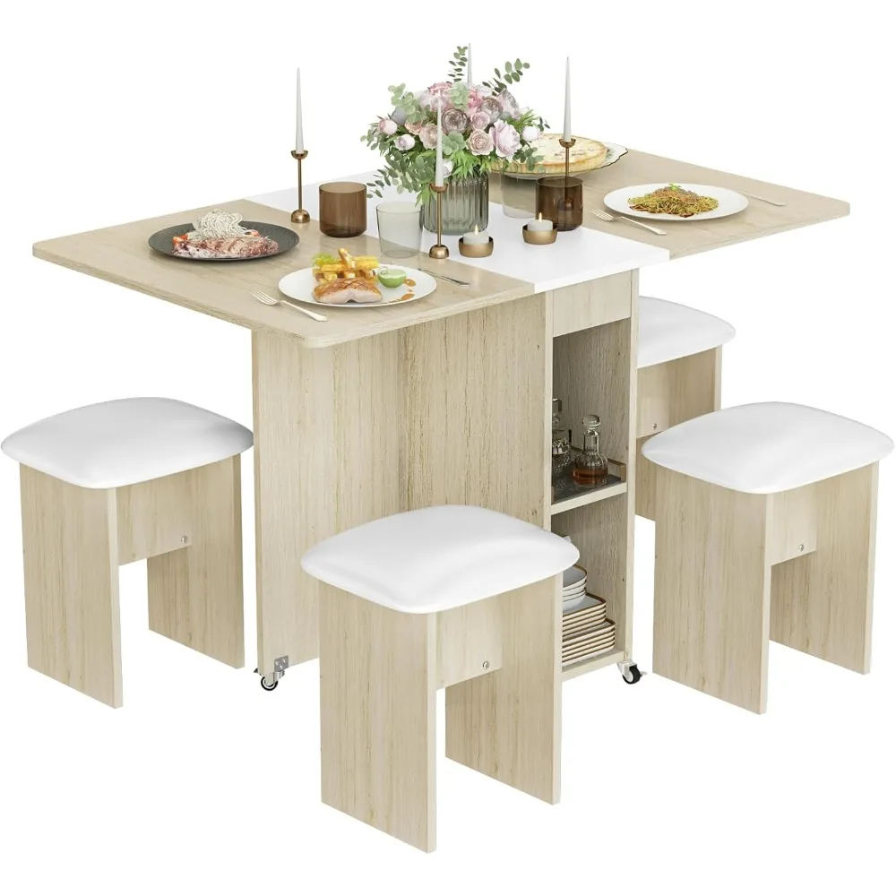 Mesa de comedor plegable para 4 personas, Juego de 4 sillas de cuero, ahorro de espacio, con 6 ruedas