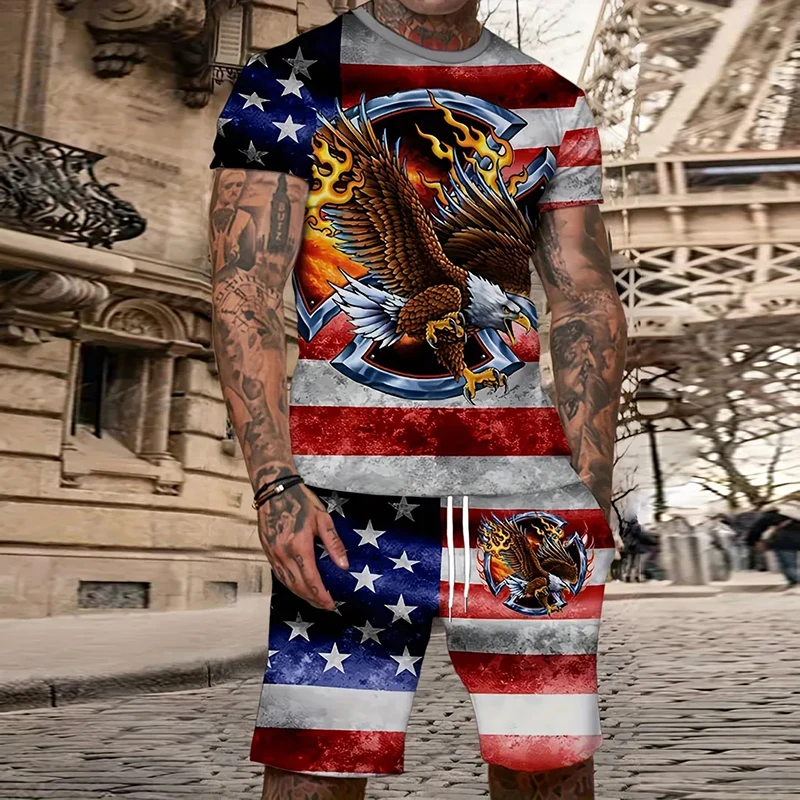 2025 Fashion Men's Suit Printed Vintage Eagle Pattern Summer Casual Breathable Sports Running Suit Oversized Men's Top Y2K Style