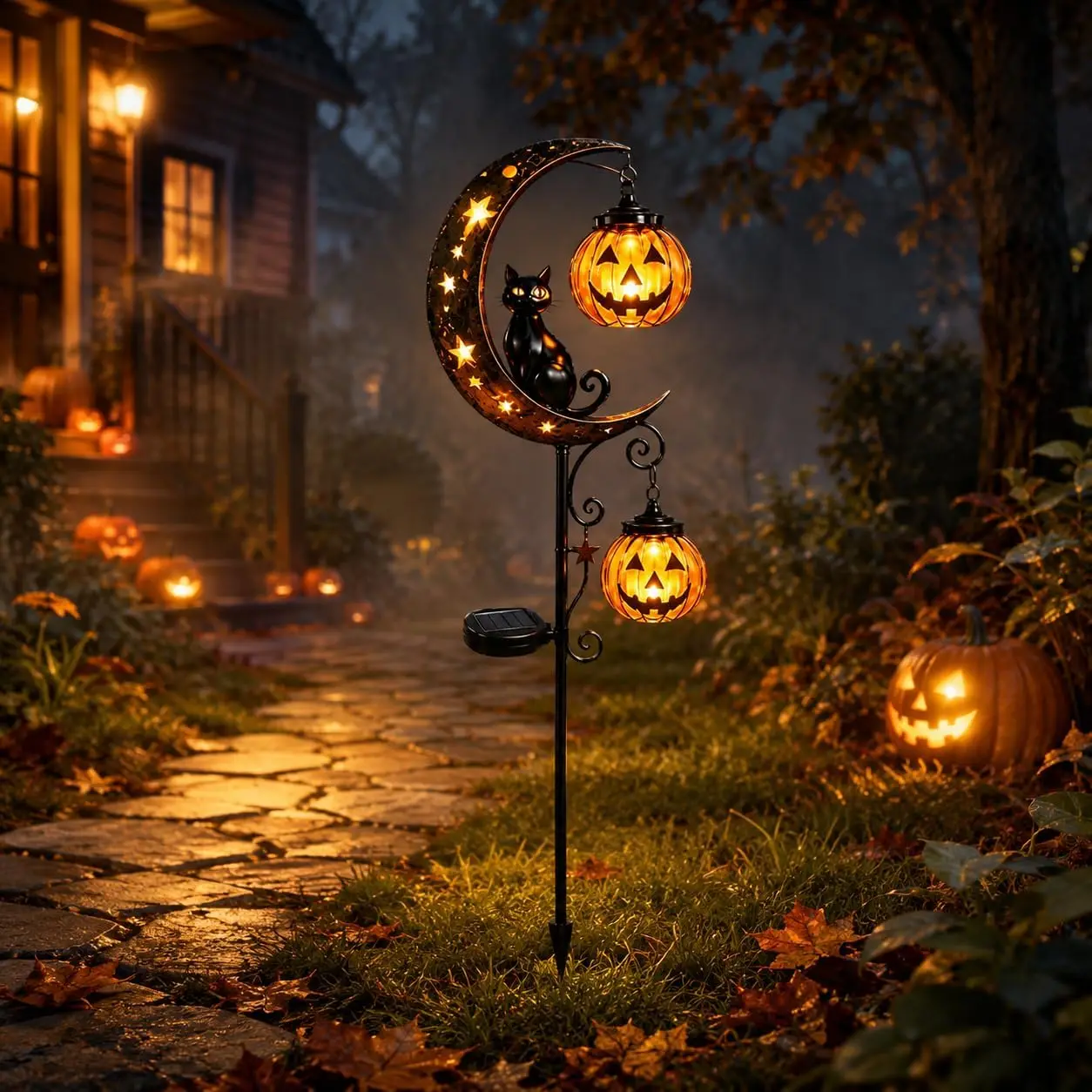 Solar Black Cat & Pumpkin Moon Garden Stake Light Waterproof Metal Pumpkin Light Stake with Black Cat Halloween Decorations