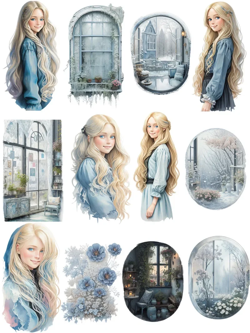 12Pcs/Pack Winter Window Girl Sticker DIY Craft Scrapbooking Album Junk Journal Decorative Stickers