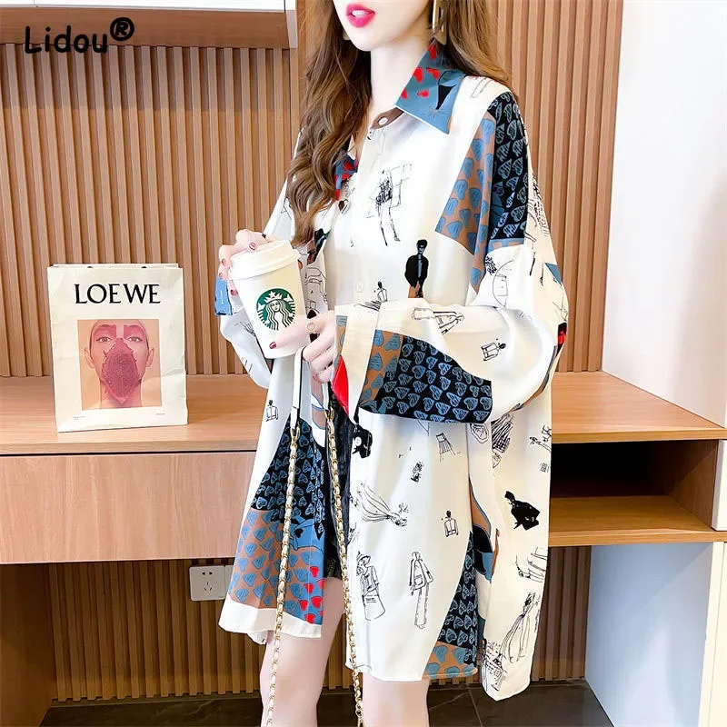 Blouses Fashion Causal Print Women Elegant Turn-down Collar Button Oversize Shirts Spring Autumn Clothing 2024