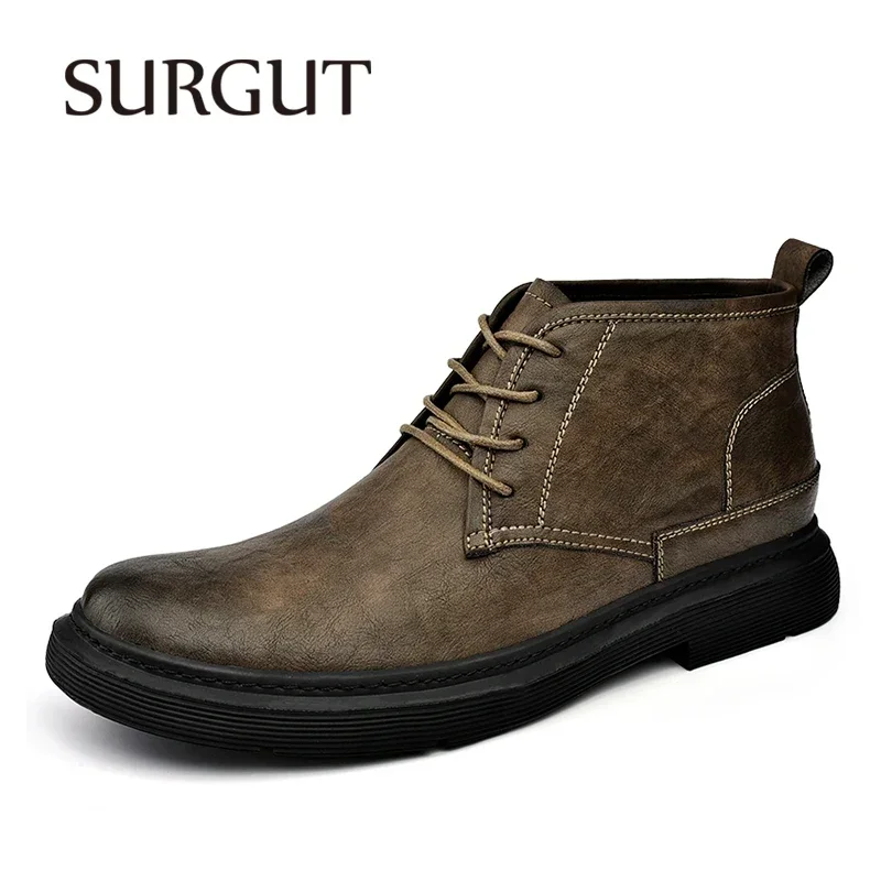 SURGUT Men Casual Split Leather Boots Autumn Fashion Men Boots Brand Outdoor Ankle Boots Zapatos De Hombre Size 38-46