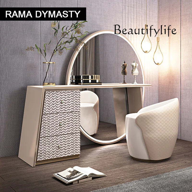 Luxury Beige Makeup Vanity Set With Side Cabinet Dressing Table With Big Mirror & Stool