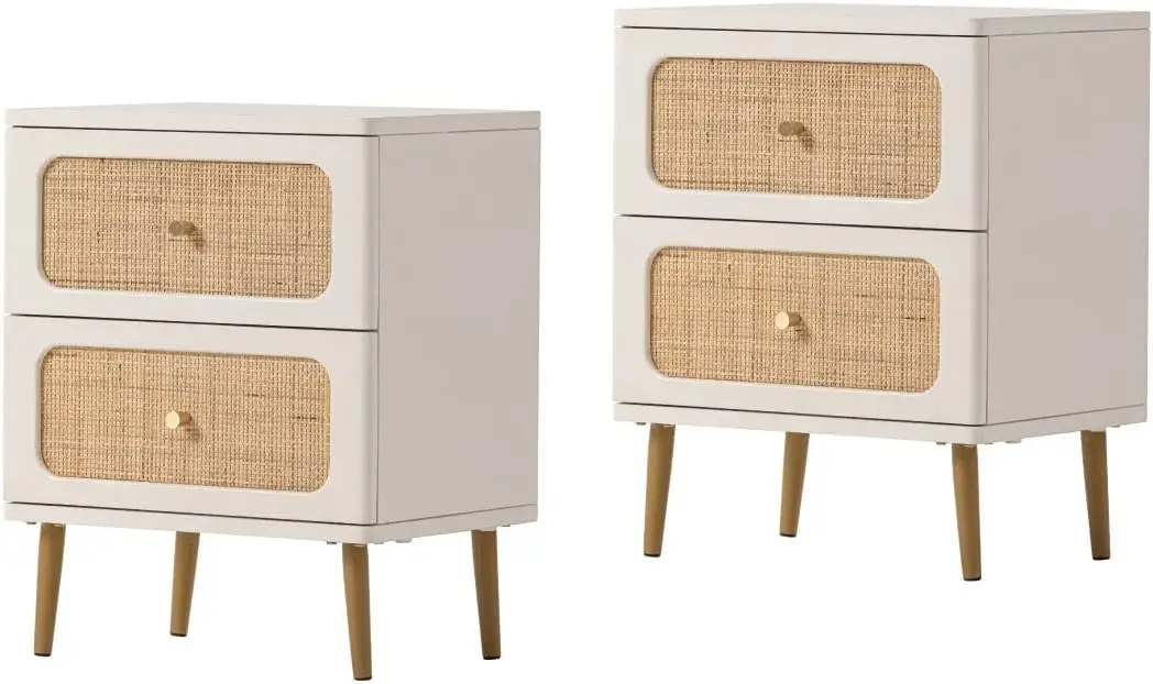 

Wicker Rattan Nightstand Set of 2 End Table White Finish Side Table for Small Spaces Modern Farmhouse Wooden Bedside Table