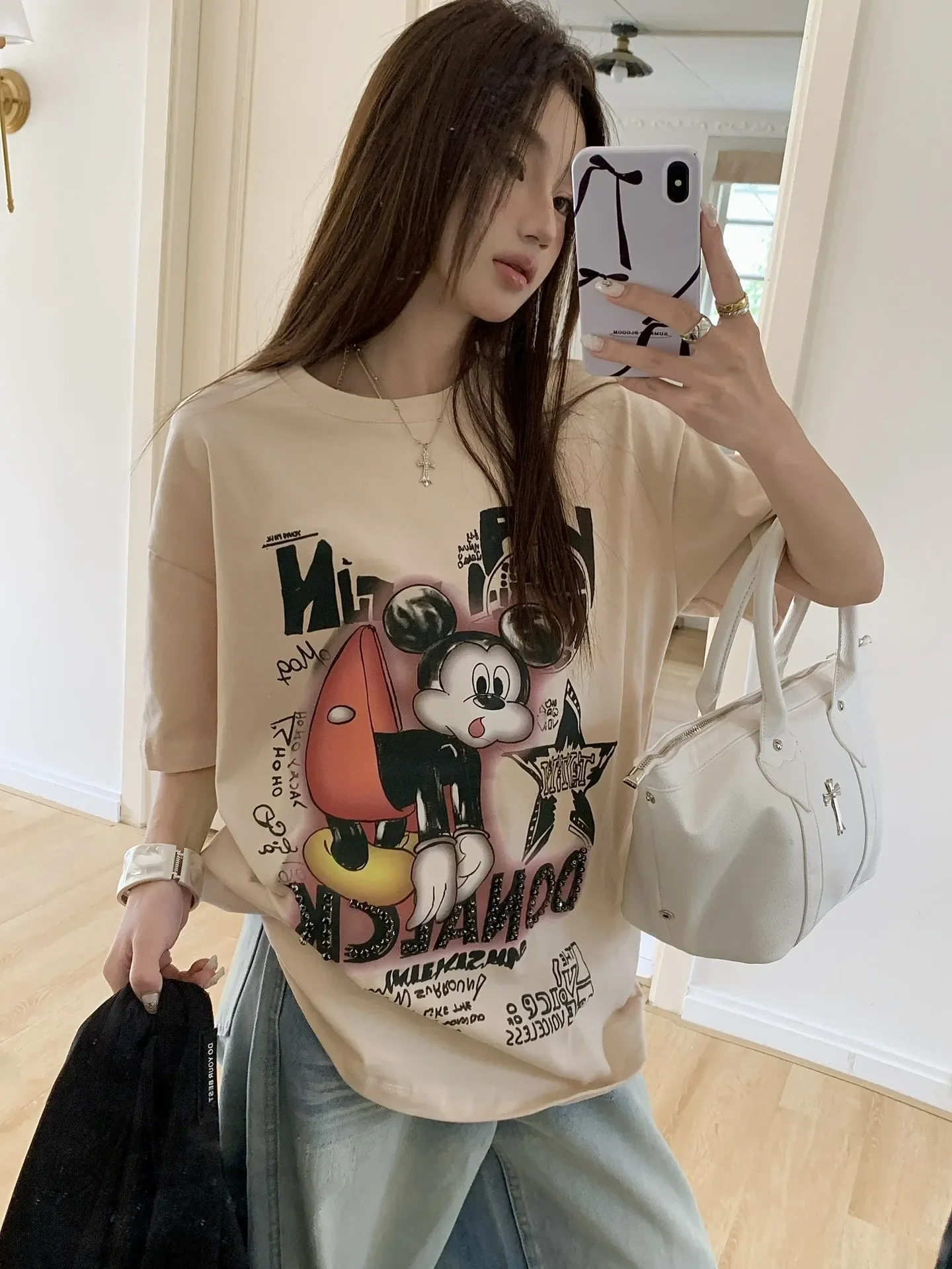 Fashion Cartoon Printed Rhinestone Inlaid Short-sleeved T-shirt 2025 New Loose Mid-length Drop-Shoulder Tops Women Clothing