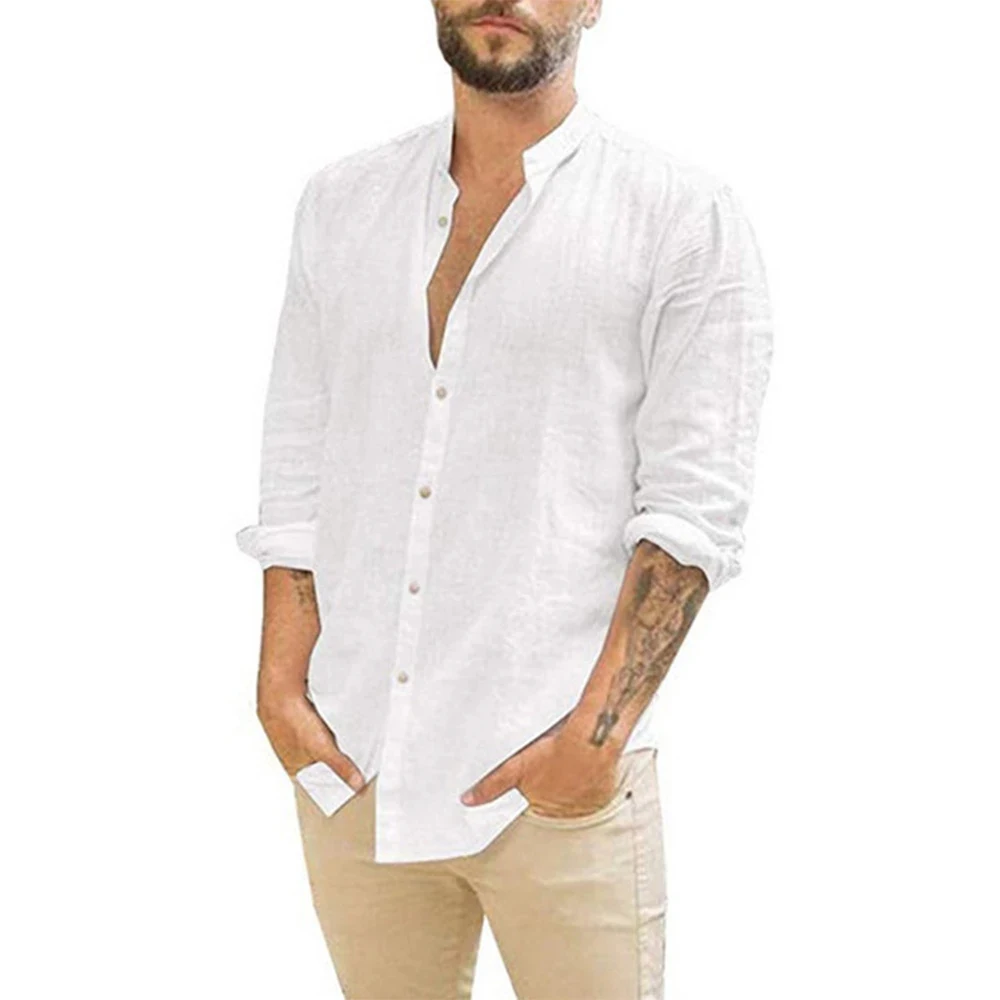 Cotton Linen Hot Sale Men\'s Long-Sleeved Shirts Summer Solid Color  Stand-Up Collar Casual Beach Style Plus Size