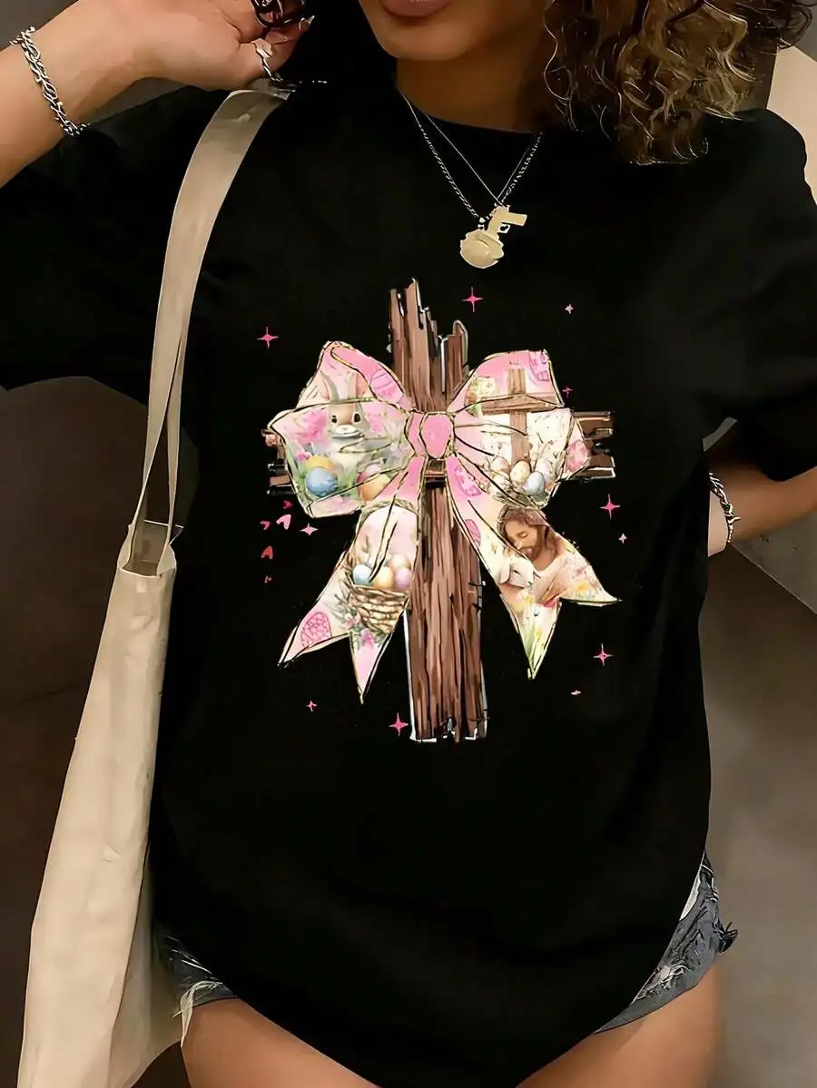 Women's Plus Size Oversized Graphic T-Shirt, Coquette Bow Easter Cross Print, 100% Polyester Novelty Short Sleeve Casual Tee For Daily Wear