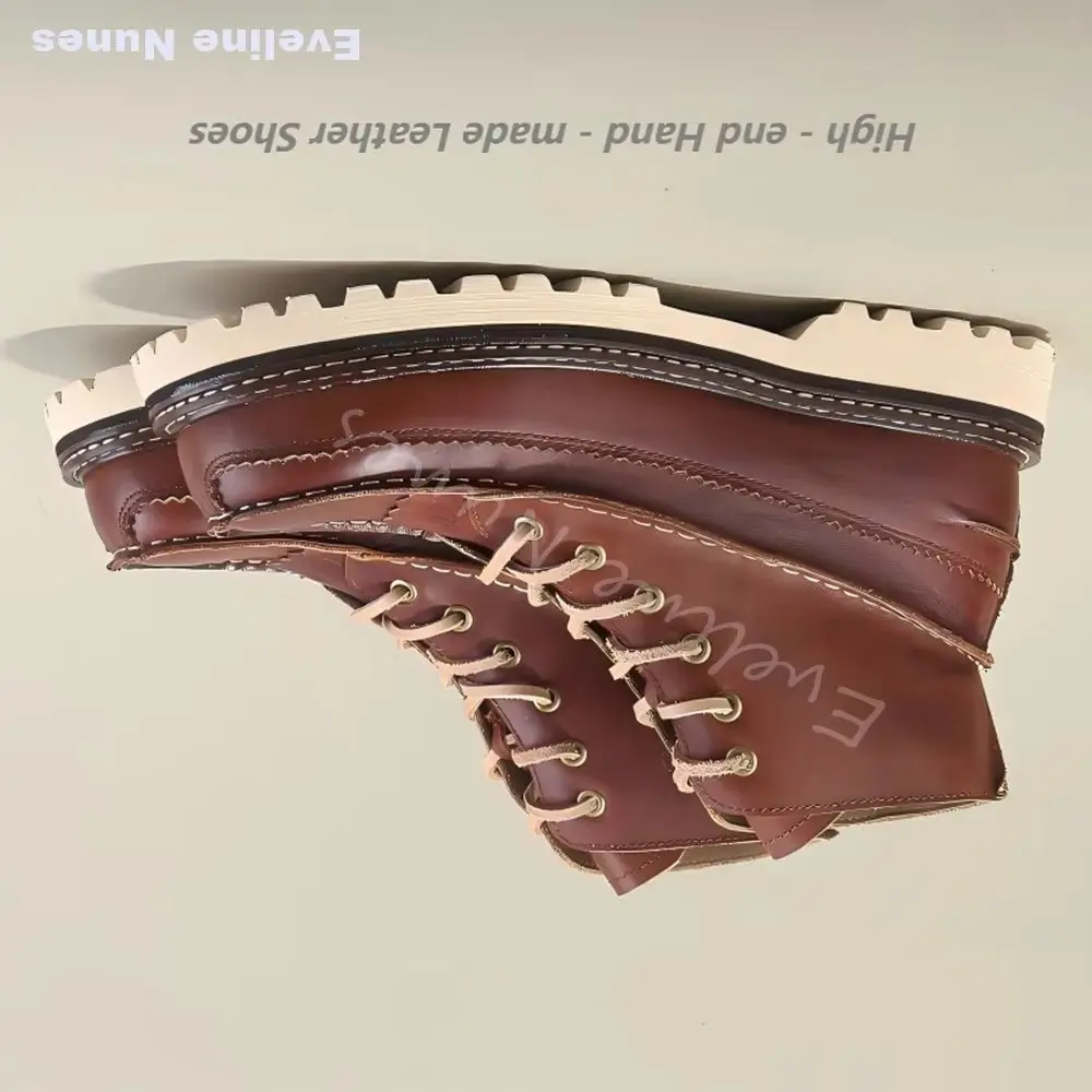 Men Vintage Motorcycle Work Boots Hand Stitched Lace Up Mid Top Ankle Boots Thick Cream Colored Lug Sole Casual Outdoor Shoes