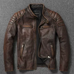 Vintage Black Brown Real Cowhide Genuine Leather Jacket Real Fur Men's Leather Jacket Bomber Men Leather Jacket Motorcycle Coat