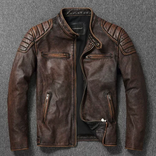 Chaqueta de piel auténtica para hombre, abrigo de cuero de vaca auténtico, color negro y marrón, Estilo Vintage, para motocicleta