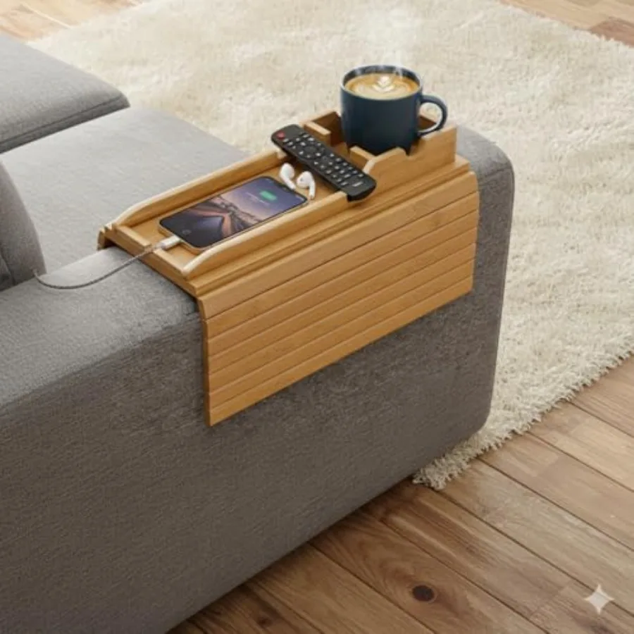 

Бамбуковый столик-подлокотник для дивана с 2 пробковыми подставками, поднос для дивана со съемным держателем для стаканов, 2 в 1, противоскользящий, складной, для дивана A