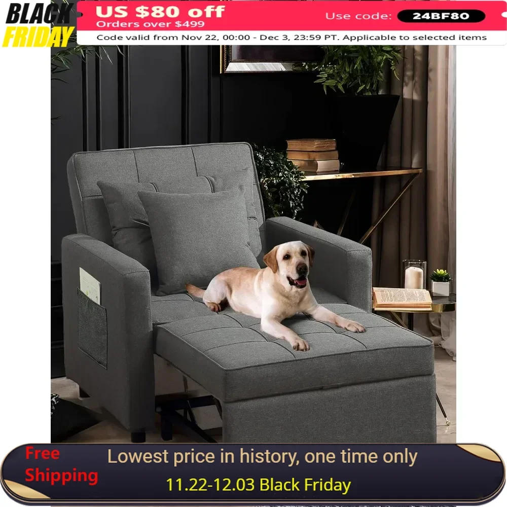 

Futon Chair Turns Into Bed Linenette Sofa Chair for Living Room 1 Person Recliner 3 in 1 Deep Gray Relax Furniture Home