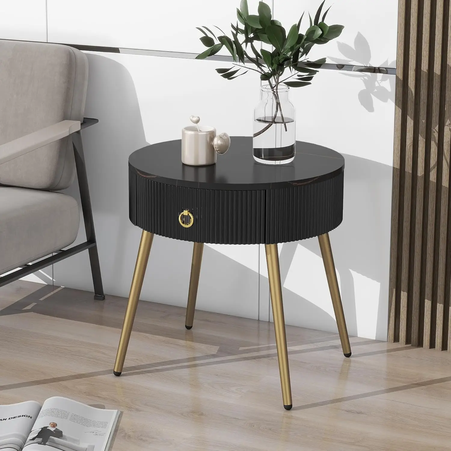 Nightstand Set Of 2, Round Side Table With High Gloss Faux Marble Tabletops, Modern Fluted 2 End Tables With Drawers And Metal