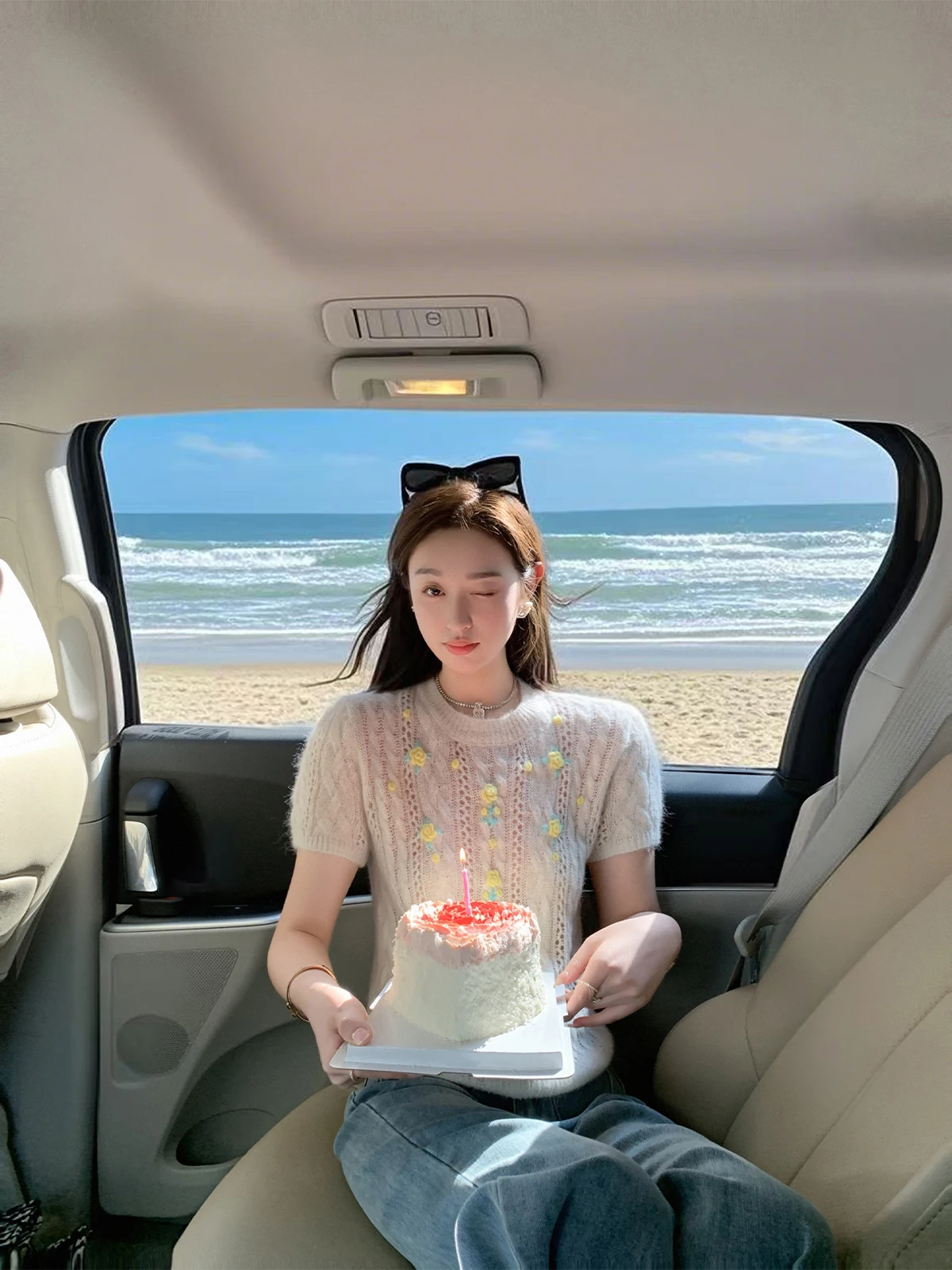 

Wink Early Spring Dopne Retro Hollow Woolen Hook Flower ort Sve Sweater Spring New Sle Cute Sle round Ne Bubble...