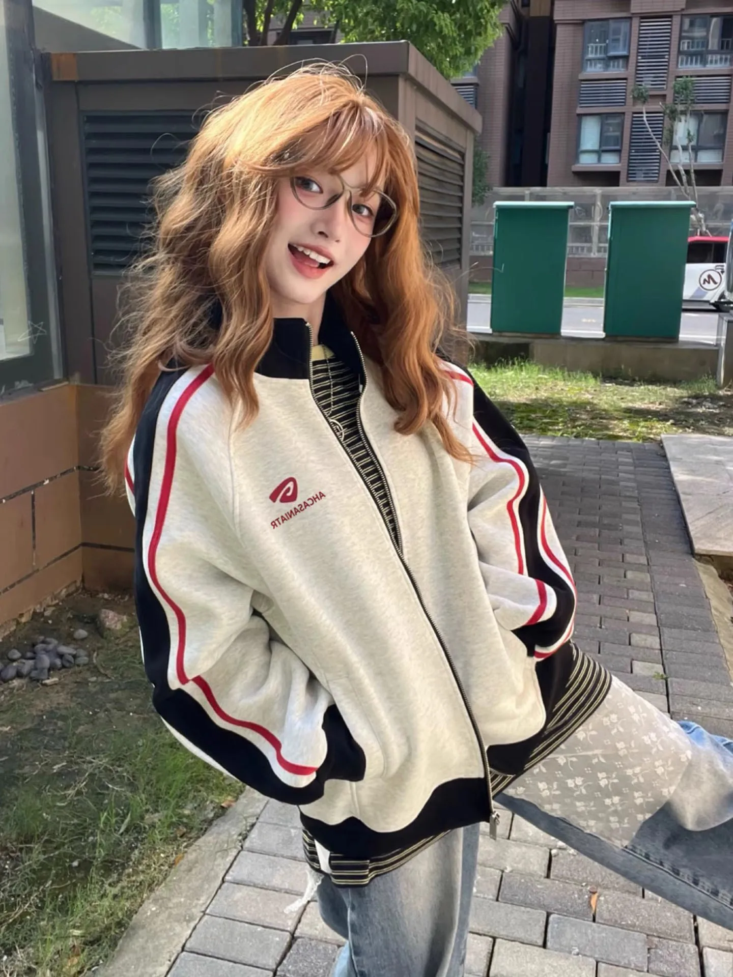 

Retro American College Style Color Block Stand Collar Sweatshirt Jacket Women's Loose Open Cardigan Sport Couple Jacket Top