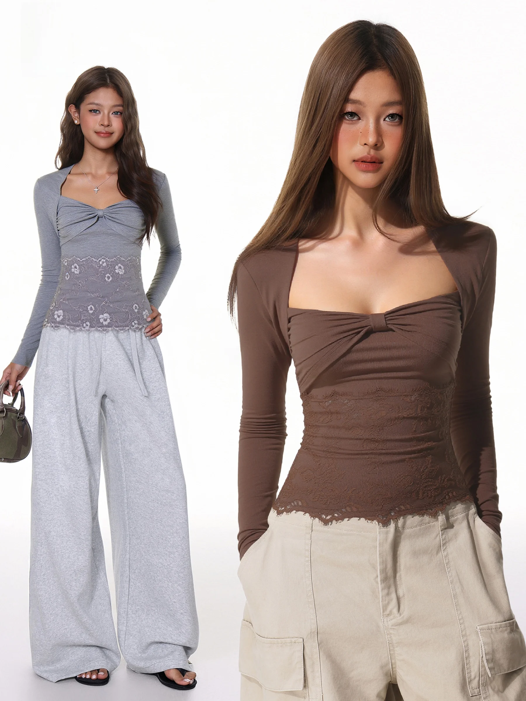 

American Sle Lace Splice Base irt Women's Autumn Knot Square Collar Fake Two-Piece Waist Cinching Top