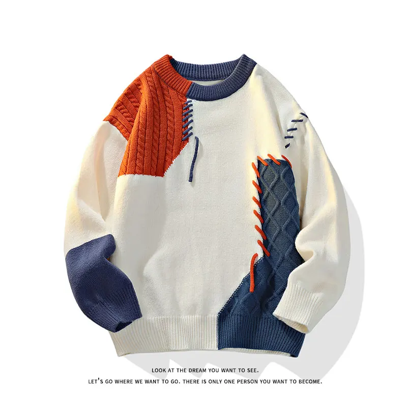 

2025 Fall Winter Warm Men Sweaters Korean Style Patchwork Pullovers Round Neck Knitted Sweater Men Women Fashion Knitwear