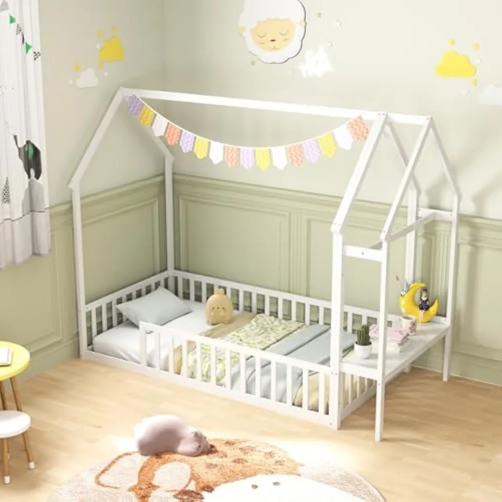 سرير Giantex Twin House Floor، سرير مونتيسوري من الخشب الصلب مع رف تخزين قابل للفصل، شماعة ملابس ودرابزين، سرير مزدوج لـ