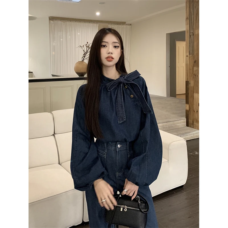 MEXZT Elegant Bow Denim Shirts Women Vintage Bandage Jeans Blouses Streetwear Korean Puff Long Sleeve Casual All Match Tops New