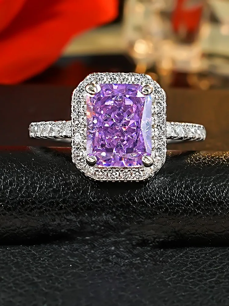 Fashion Jewelry S925 Pure Silver New European and American Hot Selling High Carbon Diamond Ring 7 * 9 Ice Flower Cut Purple Diam