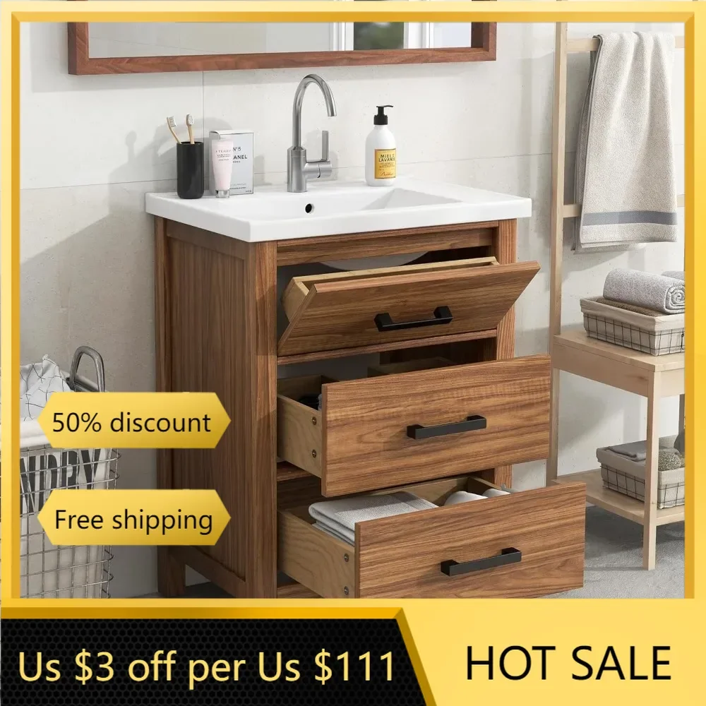 

24" Bathroom Vanity with Sink,Bathroom Vanity with a Tip-Out Drawer and Two Pull- Out Drawers, Freestanding Single Sink , Wood