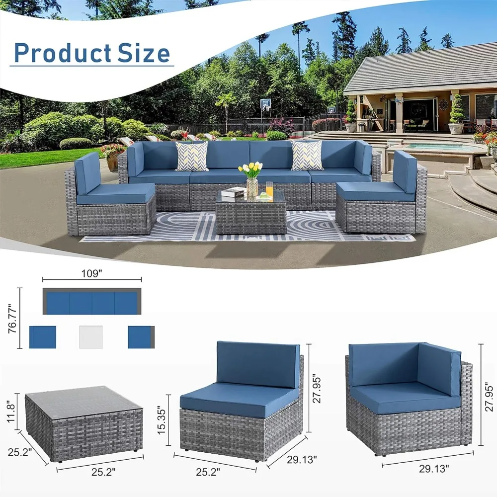 7-piece outdoor segmented sofa, silver gray PE wicker furniture dialogue set, with washable cushions