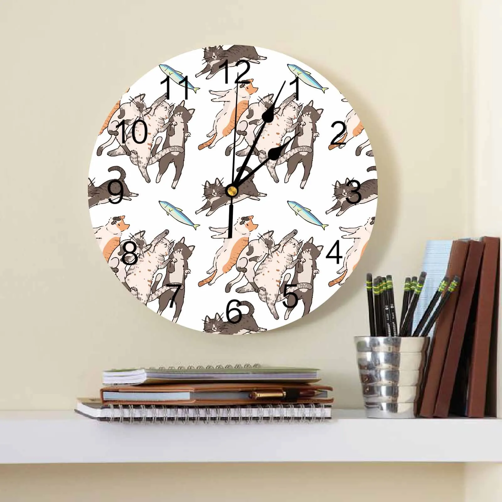 Cat Animal Fish Wall Clock Large Modern Kitchen Dinning Round Wall Clocks Bedroom Silent Hanging Watch