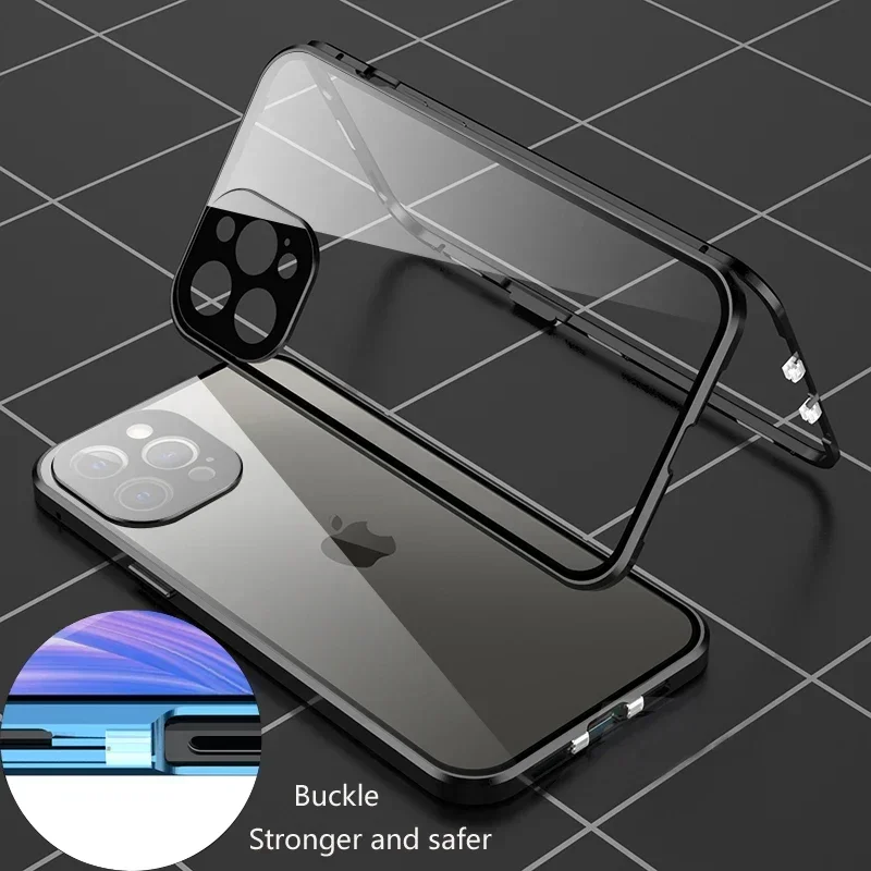 حافظة هاتف معدنية مزدوجة الجوانب من الزجاج بقفل خاطف حماية كاملة لهاتف آيفون 16 15 Plus 14 Pro Max غطاء حماية للعدسات حافظات هاتف
