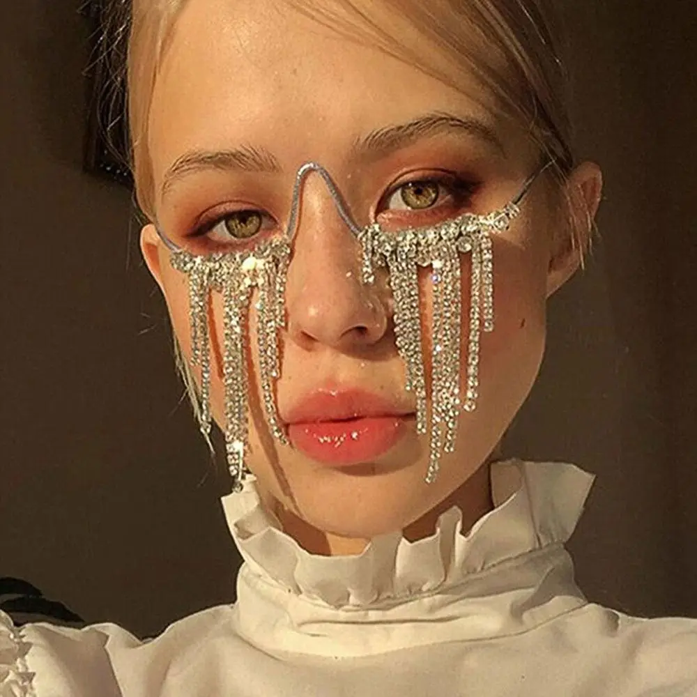 Foldable Tassel Rhinestone Eyeglass Frame Crystal Zircon Metal Glasses Frames Face Jewelry Spectacle Frame Lensless