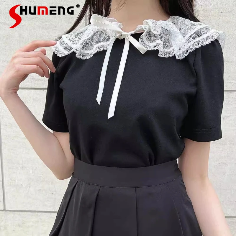 

Summer New Cute Japanese Style Two-Way T-shirt Solid Color Detachable Lace Doll Collar Short Sleeved Tees Versatile Top Pullover