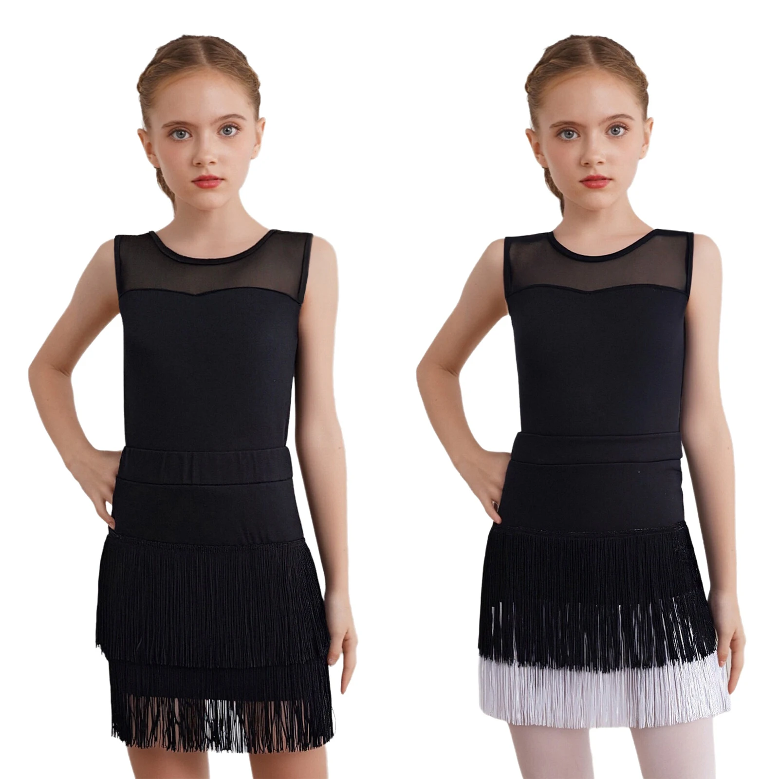 キッズガールズラテンダンス衣装ノースリーブシアーメッシュレオタードタッセルスカート付きタンゴチャチャサンバダンスステージパフォーマンス用