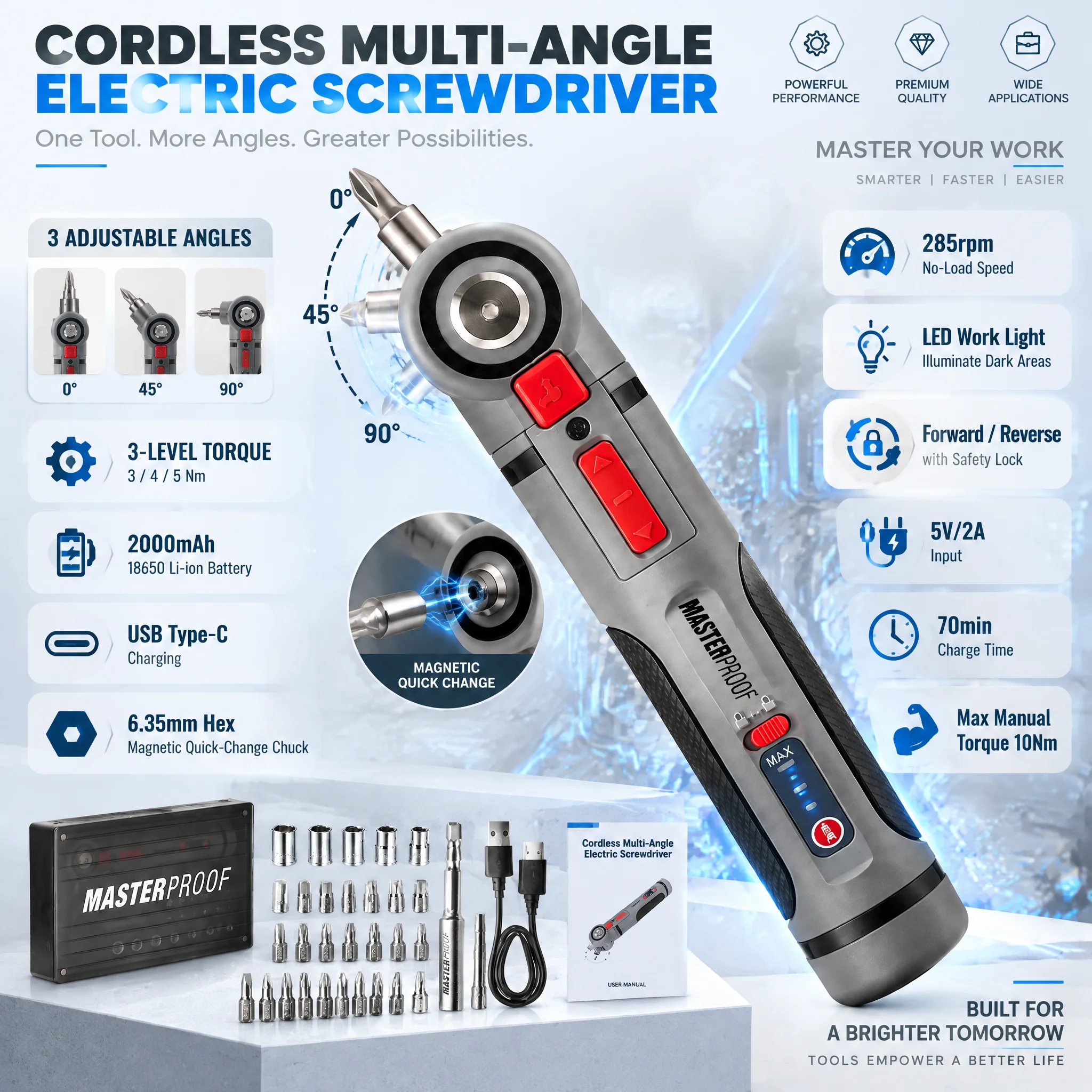 DC5V Cordless Multi-angle Electric Screwdriver 0°/45°/90° Adjustable Head Type-C Light Cordless Screwdriver for Home DIY Repair