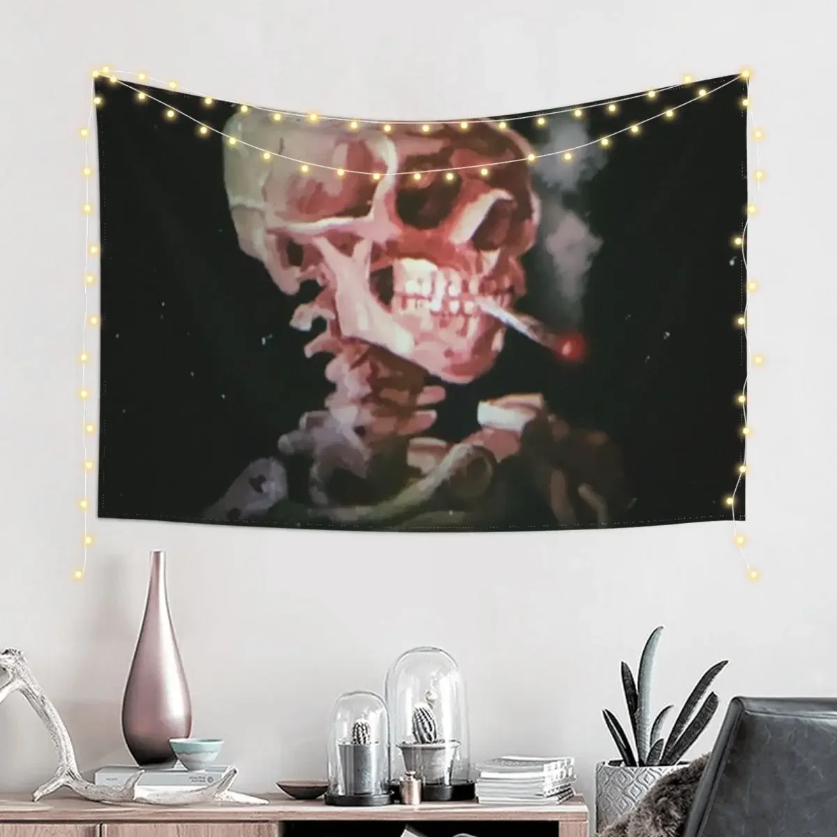 Skull of a Skeleton with Burning Cigarette Tapestry Wall Art Tapete For The Wall Room Decorator Aesthetics For Room Tapestry