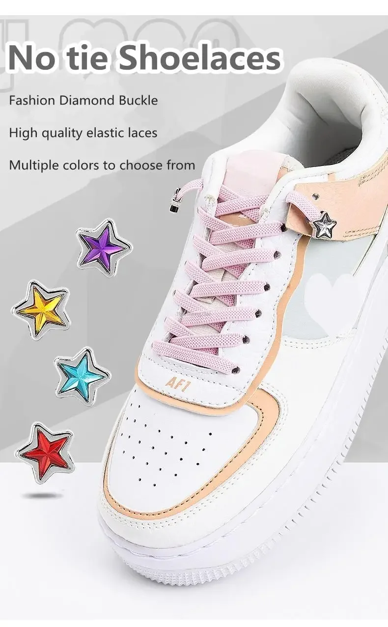Strass-Schnürsenkel mit fünfzackigem Stern, bunte Diamant-Schnürsenkel ohne Binden, flache elastische Schnürsenkel, Schnürsenkel für Sneaker – Detail 1