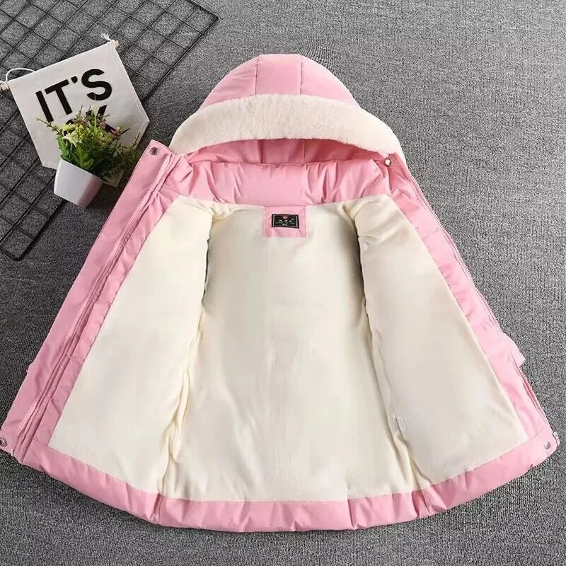 New Winter Girls Jacket Send Gloves Warm Fur Collar Princess Coat Hooded Zipper Outerwear Kids Cotton-Padded Parka Snowsuit 2-8Y