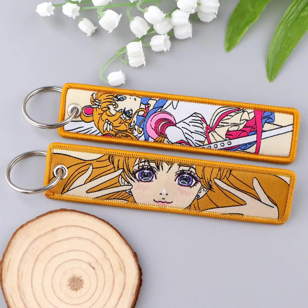 Anime Girls Key Tag Cute Embroidered Jet Tag Keychains for Women Motorcycles Keychain Car Keys Adorn Jewelry Accessories Gifts