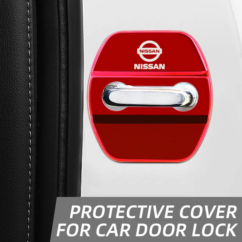 لنيسان X-trail قاشقاي ملاحظة جوك سنترا باترول نافارا ميكرا اكسسوارات 4 قطعة الفولاذ المقاوم للصدأ قفل باب السيارة غطاء تصفيف السيارة #5