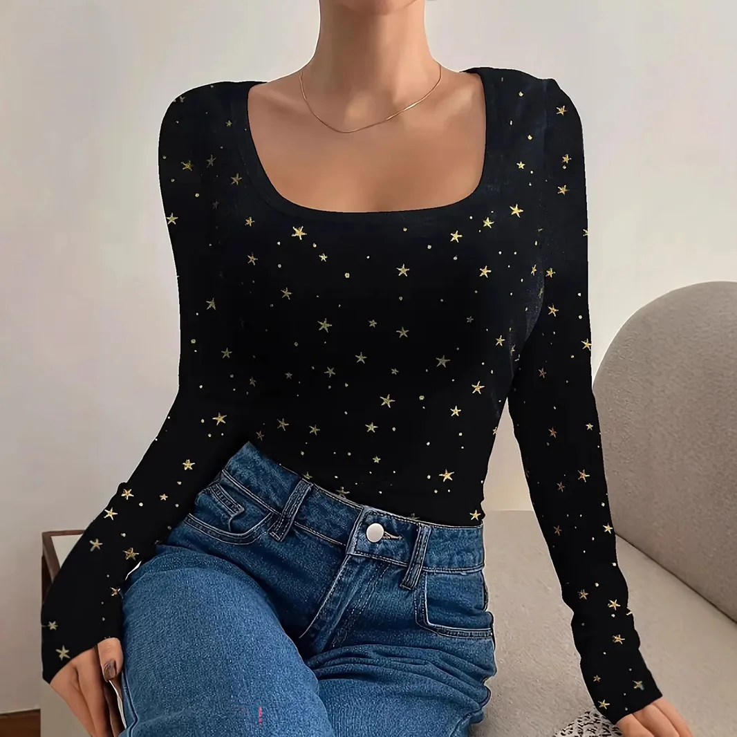 

Женские топы, тонкая одежда с длинными рукавами, женская футболка с принтом пятиконечной звезды, повседневный внутренний жилет для поездок на работу, осенние топы Streetwea