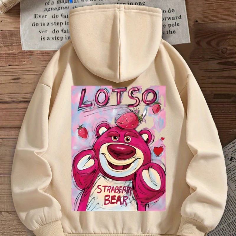 Felpa con cappuccio da donna Disney, pullover ampio alla moda con stampa di orsi di fragole, top caldo e confortevole per l'autunno e l'inverno
