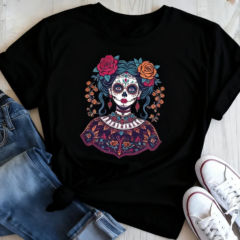 كاترينا الأزهار تي شيرت ديا دي لوس Muertos السكر الجمجمة امرأة تي شيرت المكسيكي يوم الموتى كالافيرا قميص للجنسين مهرجان ازياء