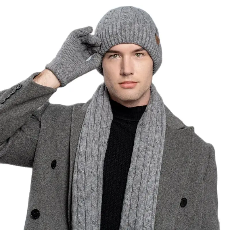 3PCS Winter New Knitted Hat Scarf and Gloves Three-piece Set  Winter Women's Cold-proof and Warm Scarf Three-piece Set for Men