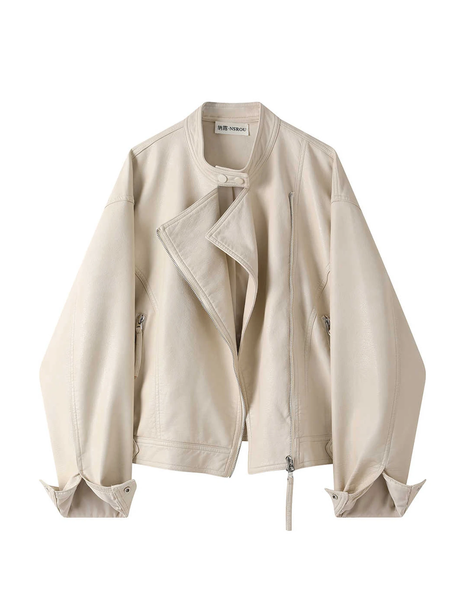 

Women's Apricot PU Leather Motorcycle Jacket Cropped Coat Vintage Mustang Jacket Streetwear Loose Outerwear 2000s Clothes Autumn